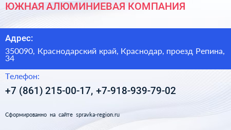 ЮЖНАЯ АЛЮМИНИЕВАЯ КОМПАНИЯ - визитка