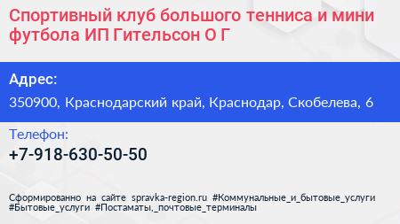 Спортивный клуб большого тенниса и мини футбола ИП Гительсон О Г  - визитка