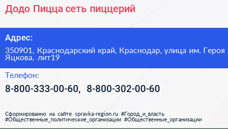 Додо Пицца сеть пиццерий - визитка