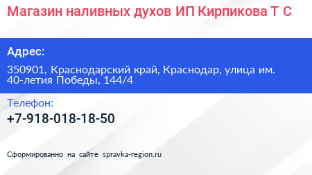 Магазин наливных духов ИП Кирпикова Т С  - визитка