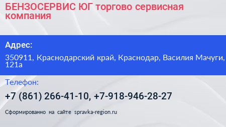БЕНЗОСЕРВИС ЮГ торгово сервисная компания - визитка