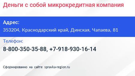 Деньги с собой микрокредитная компания - визитка