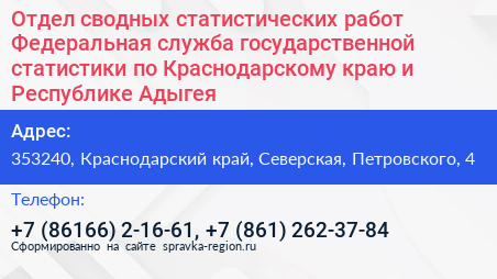 Отдел сводных статистических работ Федеральная служба государственной статистики по Краснодарскому краю и Республике Адыгея - визитка