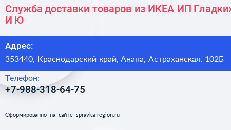 Служба доставки товаров из ИКЕА ИП Гладких И Ю  - визитка