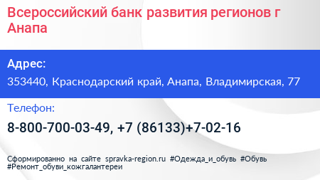 Всероссийский банк развития регионов г Анапа - визитка