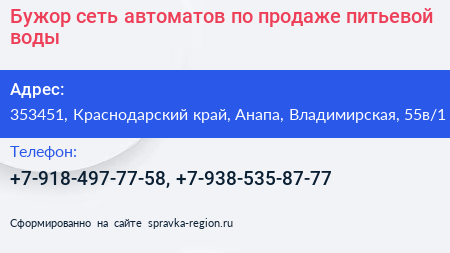 Бужор сеть автоматов по продаже питьевой воды - визитка