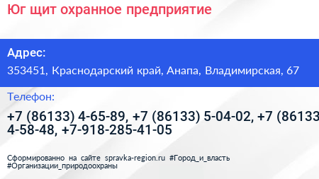 Юг щит охранное предприятие - визитка