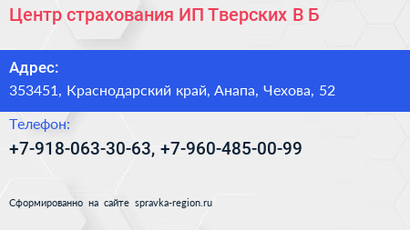Центр страхования ИП Тверских В Б  - визитка