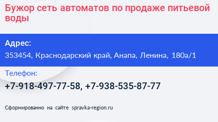 Бужор сеть автоматов по продаже питьевой воды - визитка