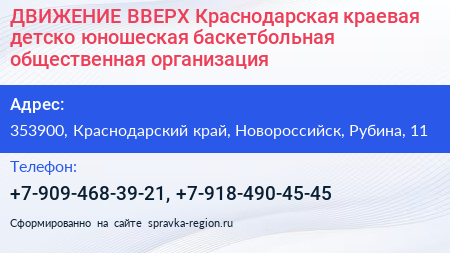 ДВИЖЕНИЕ ВВЕРХ Краснодарская краевая детско юношеская баскетбольная общественная организация - визитка