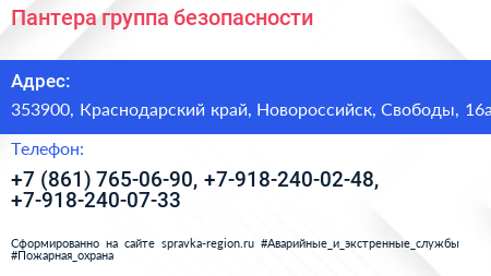 Пантера группа безопасности - визитка