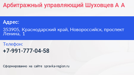 Арбитражный управляющий Шуховцев А А  - визитка
