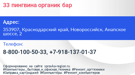 33 пингвина органик бар - визитка