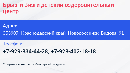 Брызги Визги детский оздоровительный центр - визитка