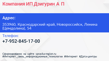 Компания ИП Дзигурин А П  - визитка