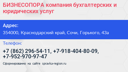 БИЗНЕСОПОРА компания бухгалтерских и юридических услуг - визитка