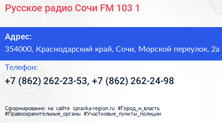 Русское радио Сочи FM 103 1 - визитка