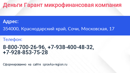 Деньги Гарант микрофинансовая компания - визитка