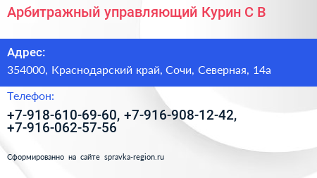 Нажмите, чтобы скачать визитку Арбитражный управляющий Курин С В - визитка