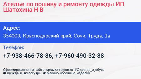 Нажмите, чтобы скачать визитку Ателье по пошиву и ремонту одежды ИП Шатохина Н В - визитка