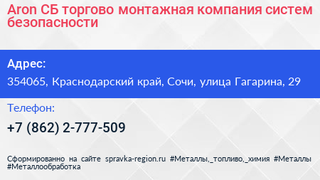 Aron СБ торгово монтажная компания систем безопасности - визитка