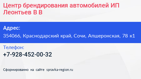 Центр брендирования автомобилей ИП Леонтьев В В  - визитка