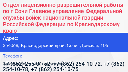 Отдел лицензионно разрешительной работы по г Сочи Главное управление Федеральной службы войск национальной гвардии Российской Федерации по Краснодарскому краю - визитка