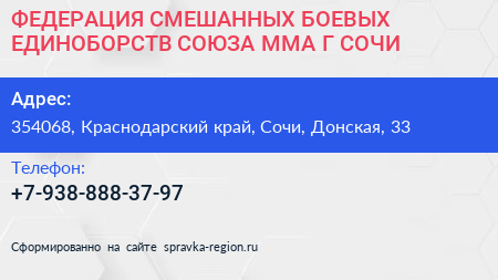 ФЕДЕРАЦИЯ СМЕШАННЫХ БОЕВЫХ ЕДИНОБОРСТВ СОЮЗА ММА Г СОЧИ - визитка