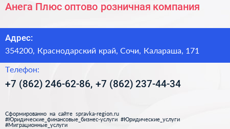Анега Плюс оптово розничная компания - визитка