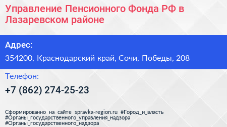Нажмите, чтобы скачать визитку Управление Пенсионного Фонда РФ в Лазаревском районе - визитка