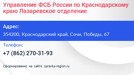 Управление ФСБ России по Краснодарскому краю Лазаревское отделение - визитка