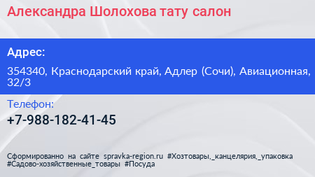 Александра Шолохова тату салон - визитка