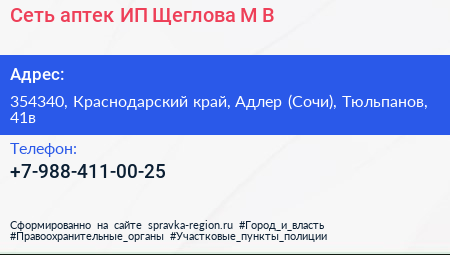 Сеть аптек ИП Щеглова М В  - визитка