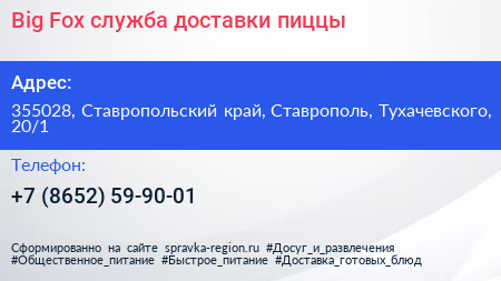 Big Fox служба доставки пиццы - визитка