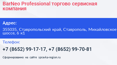 BarNeo Professional торгово сервисная компания - визитка