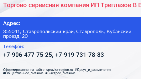 Торгово сервисная компания ИП Треглазов В В  - визитка