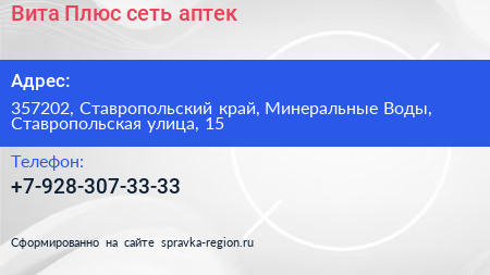 Вита Плюс сеть аптек - визитка