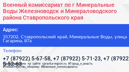 Военный комиссариат по г Минеральные Воды Железноводск и Минераловодского района Ставропольского края - визитка