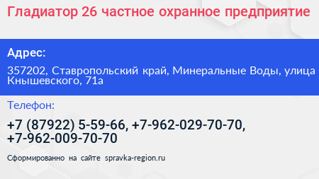 Гладиатор 26 частное охранное предприятие - визитка