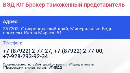ВЭД Юг Брокер таможенный представитель - визитка