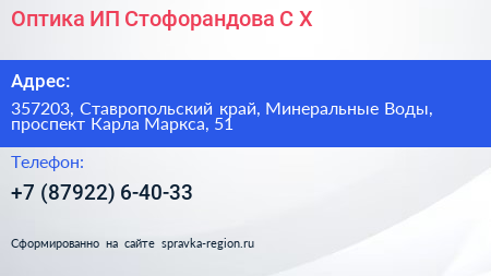 Оптика ИП Стофорандова С Х  - визитка