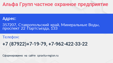 Альфа Групп частное охранное предприятие - визитка