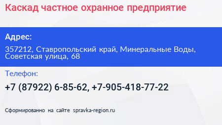 Каскад частное охранное предприятие - визитка