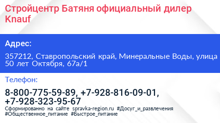 Стройцентр Батяня официальный дилер Knauf - визитка