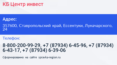 КБ Центр инвест - визитка