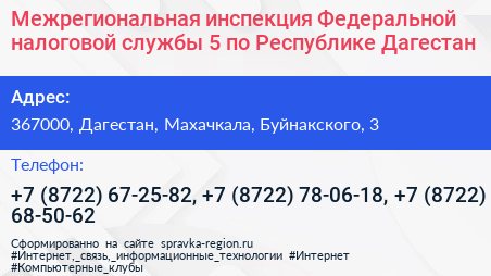 Межрегиональная инспекция Федеральной налоговой службы 5 по Республике Дагестан - визитка
