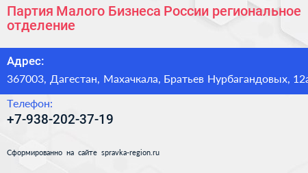 Партия Малого Бизнеса России региональное отделение - визитка
