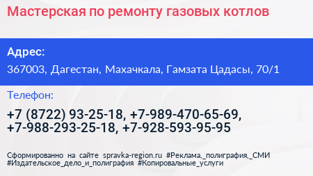 Мастерская по ремонту газовых котлов - визитка