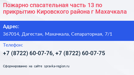 Пожарно спасательная часть 13 по прикрытию Кировского района г Махачкала - визитка