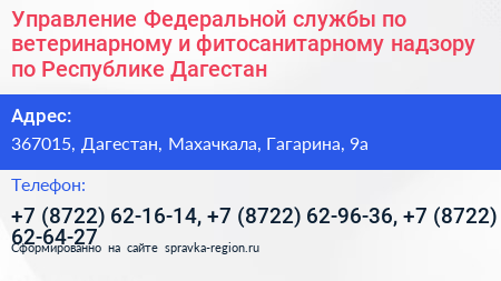 Управление Федеральной службы по ветеринарному и фитосанитарному надзору по Республике Дагестан - визитка